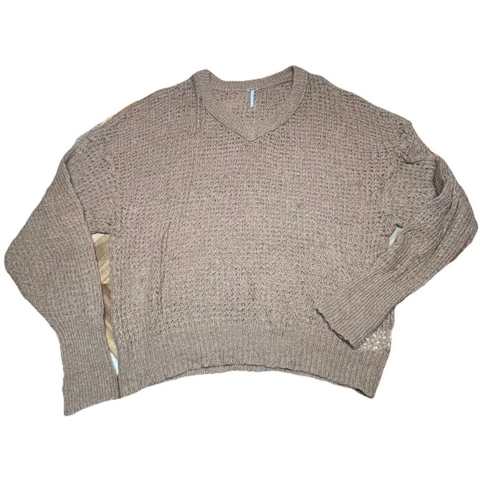 Free People Lulu Oversized V-Neck Knit Sweater Sheer Medium Brown Wool Alpaca